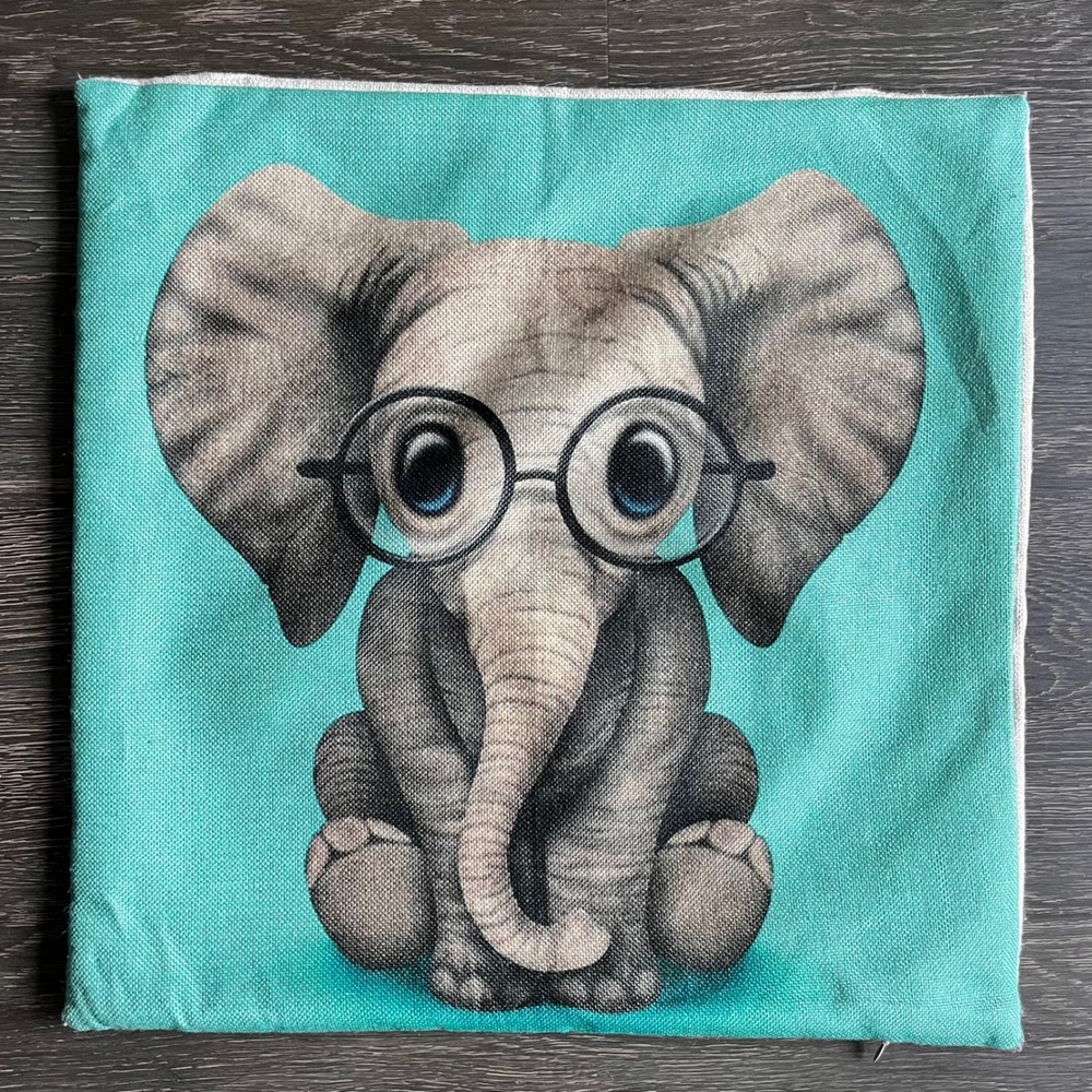 Baby Elephant with Glasses Teal Throw Pillow‎ Cover Square Linen Blend Whimsical
